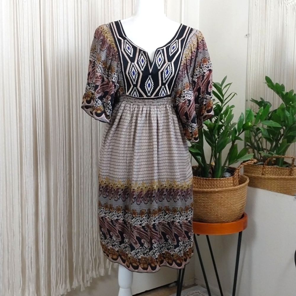 Angie Embroidered Mini Dress Boho Black Brown Floral Tie Back Medium NWT